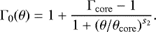 Mathematical equation: \begin{equation*} \mathrm{\Gamma}_0(\theta) = 1 + \frac{\mathrm{\Gamma}_{\mathrm{core}} - 1}{1+\left(\theta/\theta_{\mathrm{core}}\right)^{s_2}} . \end{equation*}