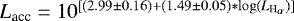 Mathematical equation: $L_{\textrm{acc}} = 10^{[(2.99\pm0.16) + (1.49\pm0.05)*\log (L_{\textrm{H}_{\mathrm{\alpha}}})]}$