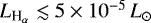 Mathematical equation: $L_{\textrm{H}_{\mathrm{\alpha}}} \lesssim 5\times 10^{-5}\,L_{\odot}$