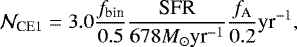 Mathematical equation: \begin{equation*} \mathcal{N}_{\textrm{CE}1} = 3.0 {f_{\textrm{bin}}\over 0.5}{\textrm{SFR}\over 678M_{\odot} {\textrm{yr}}^{-1}} {f_{\textrm{A}}\over 0.2} {\textrm{yr}^{-1}} ,\end{equation*}