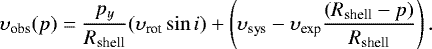 Mathematical equation: \begin{equation*} \upsilon_{\textrm{obs}} (p) = {{p_y}\over{R_{\textrm{shell}}}}(\upsilon_{\textrm{rot}}\sin{i}) + \left(\upsilon_{\textrm{sys}} - \upsilon_{\textrm{exp}}{{(R_{\textrm{shell}}-p)}\over{R_{\textrm{shell}}}}\right). \end{equation*}