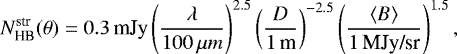 Mathematical equation: \begin{equation*} N^{\textrm{str}}_{\textrm{HB}}(\theta) = 0.3\,\textrm{mJy} \left( \frac{\lambda}{100\,\mu m} \right) ^{2.5} \left( \frac{D}{1\,\textrm{m}} \right) ^{-2.5} \left( \frac{\langle B \rangle}{1\, \textrm{MJy/sr}} \right) ^{1.5},\end{equation*}