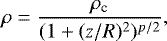Mathematical equation: \begin{equation*} \rho = \frac{\rho_{\textrm{c}}}{ (1+(z/R)^2)^{p/2} },\end{equation*}