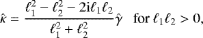 \begin{align*}\hat{\kappa} = \frac{\ell_1^2 - \ell_2^2 - 2\mathrm{i}\ell_1\ell_2}{\ell_1^2 + \ell_2^2} \hat{\gamma}\ \ \ \text{for \ell_1\ell_2>0,} \end{align*}