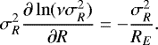 Mathematical equation: \begin{equation*} \sigma_R^2 \frac{\partial \ln(\nu \sigma_R^2)}{\partial R} = - \frac{\sigma_R^2}{R_E}.\end{equation*}