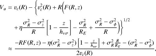 Mathematical equation: \begin{eqnarray*} V_a &=& v_c(R) - \Bigg\{ v_c^2(R) + R \bigg( F(R,z) \phantom{\bigg(}\\ && \phantom{\bigg(} +\,\eta \frac{\sigma_R^2 - \sigma_z^2}{R}\left[ 1 - \frac{z}{h_{\nu \sigma}}\right] - \frac{\sigma_R^2}{R_E} + \frac{\sigma_R^2 -\sigma_{\phi}^2}{R} \bigg) \Bigg\}^{1/2} \nonumber\\ &\approx & \frac{-R F(R,z) - \eta (\sigma_R^2 - \sigma_z^2)\left[ 1 - \frac{z}{h_{\nu \sigma}}\right] + \sigma_R^2\frac{R}{R_E} - (\sigma_R^2 -\sigma_{\phi}^2)}{2v_c(R)}, \end{eqnarray*}