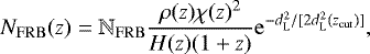 Mathematical equation: \begin{equation*}N_{\mathrm{FRB}}(z)=\mathbb{N}_{\mathrm{FRB}}\frac{\rho(z)\chi(z)^{2}}{H(z)(1+z)}\mathrm{e}^{-d_{\mathrm{L}}^{2}/[2d_{\mathrm{L}}^{2}(z_{\mathrm{cut}})]}, \end{equation*}
