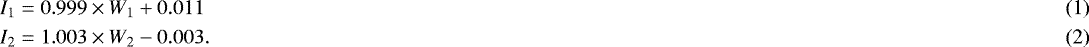 \begin{align}I_1 &= 0.999 \times W_1 + 0.011 \\ \relaxI_2 &= 1.003 \times W_2 - 0.003. \end{align}