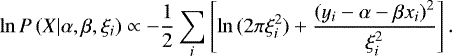 \begin{equation*} \ln P(\alpha, \beta | X, \xi_i) \propto \ln P(X | \alpha, \beta, \xi_i) + \ln P(\alpha, \beta). \end{equation*}