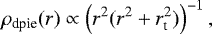Mathematical equation: \begin{equation*}{ \rho_{\textrm{dpie}}(r)\propto \left(r^2(r^2+r_{\textrm{t}}^2)\right)^{-1}, } \end{equation*}