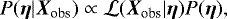 Mathematical equation: \begin{equation*}P(\vec{\eta} | \vec{X}_{\textrm{obs}}) \propto \mathcal{L}(\vec{X}_{\textrm{obs}}|\vec{\eta}) P(\vec{\eta}), \end{equation*}