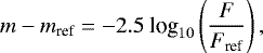 Mathematical equation: \begin{equation*}{ m- m _{\textrm{ref}} = -2.5\ \textrm{log}_{\textrm{10}} \left( \frac{F}{F_{\textrm{ref}}} \right), } \end{equation*}