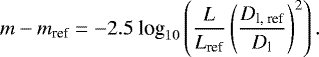 Mathematical equation: \begin{equation*}{ m- m _{\textrm{ref}} = -2.5\ \textrm{log}_{\textrm{10}} \left( \frac{L}{L_{\textrm{ref}}} \left( \frac{D_{\textrm{l, ref}}}{D_{\textrm{l}}}\right)^2 \right).} \end{equation*}