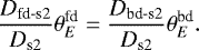 Mathematical equation: \begin{equation*}{ \frac{D_{\textrm{fd-s2}}}{D_{\textrm{s2}}} \theta_E^{\textrm{fd}}=\frac{D_{\rm{bd-s2}}}{D_{\textrm{s2}}} \theta_E^{\textrm{bd}}.} \end{equation*}