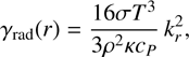Mathematical equation: $ \gamma_\text{rad}{(r)}=\frac{16\sigma T^3}{3\rho^2\kappa c_P}k_r^2, $