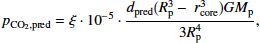 \begin{equation*}p_{\textrm{CO_2,pred}} = \xi \cdot 10^{-5} \cdot \frac{d_{\textrm{pred}} \big(R_{\textrm{p}}^3 - ~r_{\textrm{core}}^3\big) G M_{\textrm{p}}}{ 3 R_{\textrm{p}}^4 }, \end{equation*}