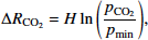 \begin{equation*} {\mathrm{\Delta}} R_{\textrm{CO_2}} = H \ln{\left(\frac{p_{\textrm{CO_2}}}{p_{\textrm{min}}}\right)}, \end{equation*}