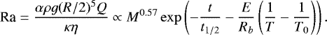 \begin{equation*}\textrm{Ra} = \frac{\alpha\rho g (R/2)^5Q}{\kappa \eta} \propto M^{0.57} \exp\left(-\frac{t}{t_{1/2}}-\frac{E}{R_b}\left(\frac{1}{T}-\frac{1}{T_0}\right)\right). \end{equation*}
