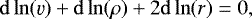 Mathematical equation: \begin{equation*} \mathrm{d}\,{\ln}(\varv) + \mathrm{d}\,{\ln} (\rho) + 2\mathrm{d}\,{\ln} (r)=0, \end{equation*}