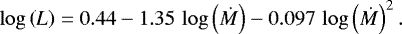 Mathematical equation: \begin{equation*}\log\left(L\right) = 0.44 - 1.35\, \log\left(\dot{M}\right) - 0.097\, \log\left(\dot{M}\right)^2. \end{equation*}