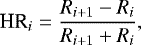 Mathematical equation: \begin{equation*} \textrm{HR}_i = \frac{R_{i+1} - R_{i}}{R_{i+1} + R_{i}}, \end{equation*}