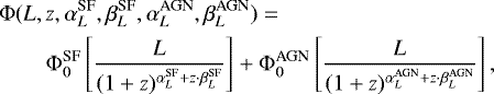 Mathematical equation: \begin{equation*} \begin{split} \mathrm{\Phi}(&L,z,\alpha_L^{\text{SF}}, \beta_L^{\text{SF}}, \alpha_L^{\text{AGN}}, \beta_L^{\text{AGN}})=\\ &\quad\mathrm{\Phi}_{0}^{\text{SF}} \left[ \frac{L}{(1+z)^{\alpha_L^{\text{SF}}+z\cdot\beta_L^{\text{SF}}}}\right]+ \mathrm{\Phi}_{0}^{\text{AGN}} \left[ \frac{L}{(1+z)^{\alpha_L^{\text{AGN}}+z\cdot\beta_L^{\text{AGN}}}}\right],\end{split} \end{equation*}