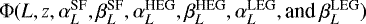 Mathematical equation: $\mathrm{\Phi}(L,z,\alpha_L^{\text{SF}}, \beta_L^{\text{SF}}, \alpha_L^{\text{HEG}}, \beta_L^{\text{HEG}}, \alpha_L^{\text{LEG}}, \text{and }\beta_L^{\text{LEG}})$
