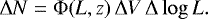 Mathematical equation: \begin{equation*} \mathrm{\Delta} N=\mathrm{\Phi}(L, z)\,\mathrm{\Delta} V\,\mathrm{\Delta} \log L. \end{equation*}