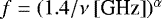 Mathematical equation: $f=(1.4 / \nu~\text{[GHz]})^{\alpha}$
