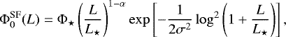 Mathematical equation: \begin{equation*} \mathrm{\Phi}_0^{\text{SF}}(L)=\mathrm{\Phi}_{\star}\left(\frac{L}{L_{\star}}\right)^{1-\alpha} \exp\left[-\frac{1}{2\sigma^2}\log^2\left(1+\frac{L}{L_{\star}}\right)\right],\end{equation*}