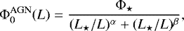 Mathematical equation: \begin{equation*} \mathrm{\Phi}_0^{\text{AGN}}(L) = \dfrac{\mathrm{\Phi}_{\star}}{(L_{\star}/L)^{\alpha} + (L_{\star}/L)^{\beta}},\end{equation*}