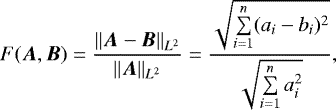 Mathematical equation: \begin{align*} F(\bm{A},\bm{B}) &= \frac{\|\bm{A}-\bm{B}\|_{L^2}}{\|\bm{A}\|_{L^2}} = \frac{\sqrt{\sum\limits_{i=1}^n (a_i-b_i)^2}}{\sqrt{\sum\limits_{i=1}^n a_i^2}}, \end{align*}