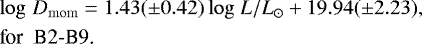 \begin{eqnarray*} &&\hskip-7pt\log\,D_{\rm{mom}}= 1.43(\pm0.42) \log\,L/L_{\odot} + 19.94(\pm2.23),\nonumber\\ &&\hskip-7pt\textrm{for\; B2-B9.}\end{eqnarray*}