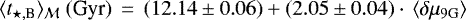 $\langle t_{\star,\textrm{B}} \rangle_{{\cal M}}\ (\textrm{Gyr})\,=\,(12.14 \pm 0.06) + (2.05 \pm 0.04) \cdot\,\langle \delta\mu_{9\textrm{G}}\rangle$