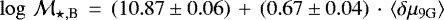 $\log\, {\cal M}_{\star,\textrm{B}} \,=\,(10.87 \pm 0.06)\,+\,(0.67 \pm 0.04)\,\cdot\,{\langle \delta\mu_{9\textrm{G}}\rangle}$