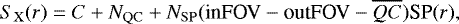 \begin{equation*} S_{\mathrm{X}} (r)=C+N_{\mathrm{QC}}+N_{\mathrm{SP}}(\textrm{inFOV}-\textrm{outFOV} - \overline{QC})\textrm{SP}(r),\end{equation*}