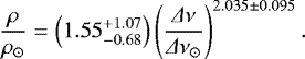 \begin{align*} \frac{\rho}{\rho_{\odot}} = \left(1.55^{+1.07}_{-0.68} \right) \left( \frac{{{\Delta}} \nu}{{{\Delta}} \nu_{\odot}} \right)^{2.035 \pm 0.095}.\end{align*}