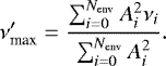 \begin{equation*} \nu_{\textrm{max}}' = \frac{\sum^{N_{\textrm{env}}}_{i=0} A_{i}^2 \nu_{i}}{\sum^{N_{\textrm{env}}}_{i=0} A_{i}^2}.\end{equation*}