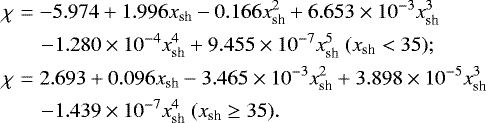 Mathematical equation: \begin{eqnarray*} &\chi&=-5.974+1.996 x_{\textrm{sh}} -0.166 x_{\textrm{sh}}^2 + 6.653 \times 10^{-3} x_{\textrm{sh}}^3 \nonumber \\ &&\quad-1.280 \times 10^{-4} x_{\textrm{sh}}^4 + 9.455\times 10^{-7} x_{\textrm{sh}}^5~(x_{\textrm{sh}} < 35); \nonumber \\ &\chi&=2.693+0.096 x_{\textrm{sh}}-3.465 \times 10^{-3} x_{\textrm{sh}}^2 + 3.898\times 10^{-5} x_{\textrm{sh}}^3 \nonumber \\ &&\quad-1.439\times 10^{-7} x_{\textrm{sh}}^4 ~(x_{\textrm{sh}} \geq 35).\end{eqnarray*}