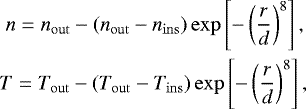 Mathematical equation: \begin{eqnarray*} \hspace*{-4pt} n = n_{\mathrm{out}} - (n_{\mathrm{out}} - n_{\mathrm{ins}}) \exp \left[ - \left( \frac{r}{d} \right) ^8 \right],\nonumber \\ T = T_{\mathrm{out}} - (T_{\mathrm{out}} - T_{\mathrm{ins}}) \exp \left[ - \left( \frac{r}{d} \right) ^8 \right],\end{eqnarray*}