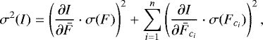 Mathematical equation: \begin{equation*}\sigma^{2}(I)= \left( \frac{\partial I}{\partial \bar{F}} \cdot \sigma(F) \right)^{2} + \sum^{n}_{i=1} \left(\frac{\partial I}{\partial \bar{F}_{c_{i}}} \cdot \sigma(F_{c_{i}}) \right)^{2}, \end{equation*}