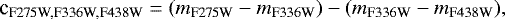 Mathematical equation: \begin{equation*} \textrm{c}_{\textrm{F275W,F336W,F438W}} = (m_{\textrm{F275W}} - m_{\textrm{F336W}}) - (m_{\textrm{F336W}} - m_{\textrm{F438W}}),\vspace*{-3pt} \end{equation*}