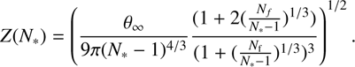 $$ Z(N_{*}) = \left(\frac{\theta_{\infty}}{9 \pi(N_{*} - 1)^{4/3}}\frac{(1+2(\frac{N_{f}}{N_{*} - 1})^{1/3})}{(1 + (\frac{N_{\rm f}}{N_{*} - 1})^{1/3})^{3}} \right)^{1/2}. $$