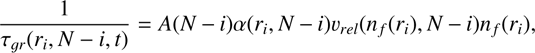 $$ \frac{1}{{\tau gr}({r}_i,N-i,t)}=A(N-i)\alpha ({r}_i,N-i){v}_{{rel}}({n}_f({r}_i),N-i){n}_f({r}_i), $$