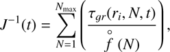 $$ {J}^{-1}(t)=\sum_{N=1}^{N_\mathrm{max}}(\frac{{\tau }_{{gr}}({r}_i,N,t)}{\stackrel{{}^{\circ} }{f}(N)}), $$