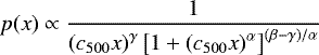 \begin{equation*}p(x) \propto \frac{1}{\left( c_{500}x\right) ^{\gamma} \left[ 1&#x002B;\left( c_{500}x\right) ^{\alpha}\right]^{(\beta-\gamma)/\alpha} } \end{equation*}