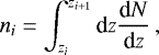 Mathematical equation: \begin{equation*}n_i = \int _{z_i} ^{z_{i+1}} \textrm{d}z \dfrac{\textrm{d}N}{\textrm{d}z} \, , \end{equation*}