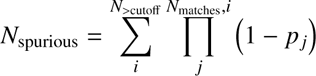 Mathematical equation: $$ N_\mathrm{spurious}=\sum_{\mathrm{i}}^{{N}_{>{\mathrm{cutoff}}}}\prod_{\mathrm{j}}^{{N}_{>{\mathrm{matches}},i}}\left(1-{p}_j\right) $$