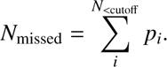 Mathematical equation: $$ {N}_{\mathrm{missed}}=\sum_i^{{N}_{>{\mathrm{cutoff}}}}{p}_i $$