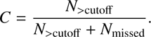 Mathematical equation: $$ C=\frac{{N}_{>{\mathrm{cutoff}}}}{{N}_{>{\mathrm{cutoff}}}+{N}_{\mathrm{missed}}}. $$